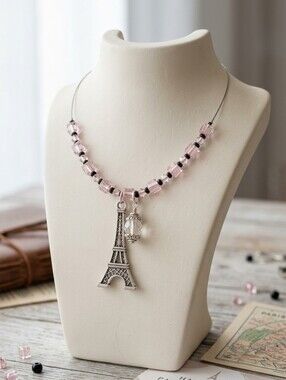 Paris Eiffel Tower Choker Beaded Charm Necklace with Pink Acrylic Beads Jewelry